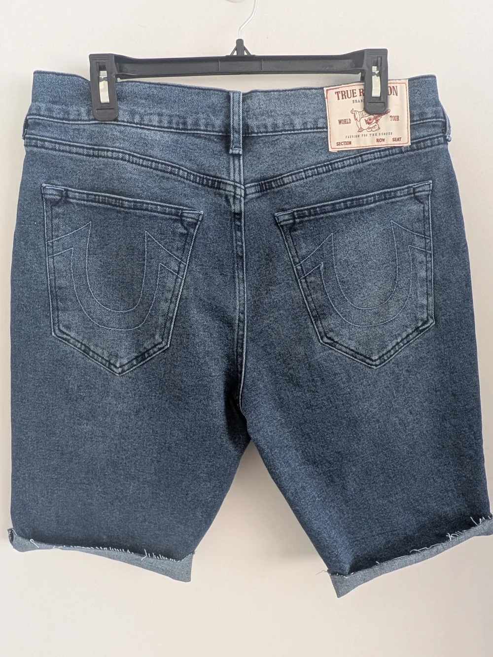 True Religion Ricky Relaxed Straight Denim Shorts Mens 32 Blue Stretch Raw Hem